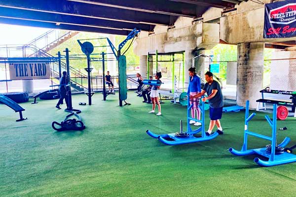 small group personal training class at the yard outdoor fitness at Steel Fitness Riverport in Bethlehem PA